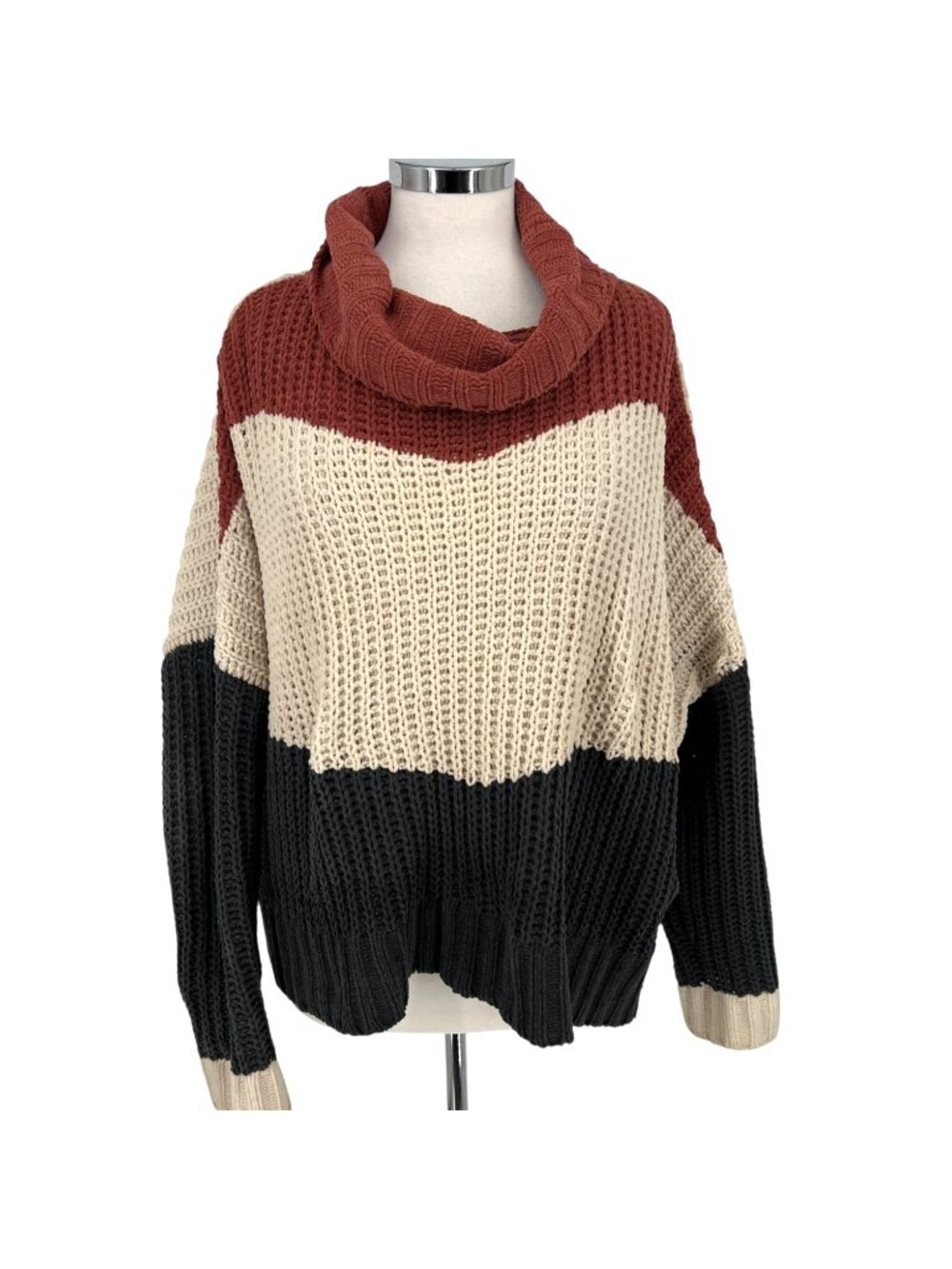 POL Chenille Colorblock Oversized Turtleneck Sweater Orange Ivory Size Medium